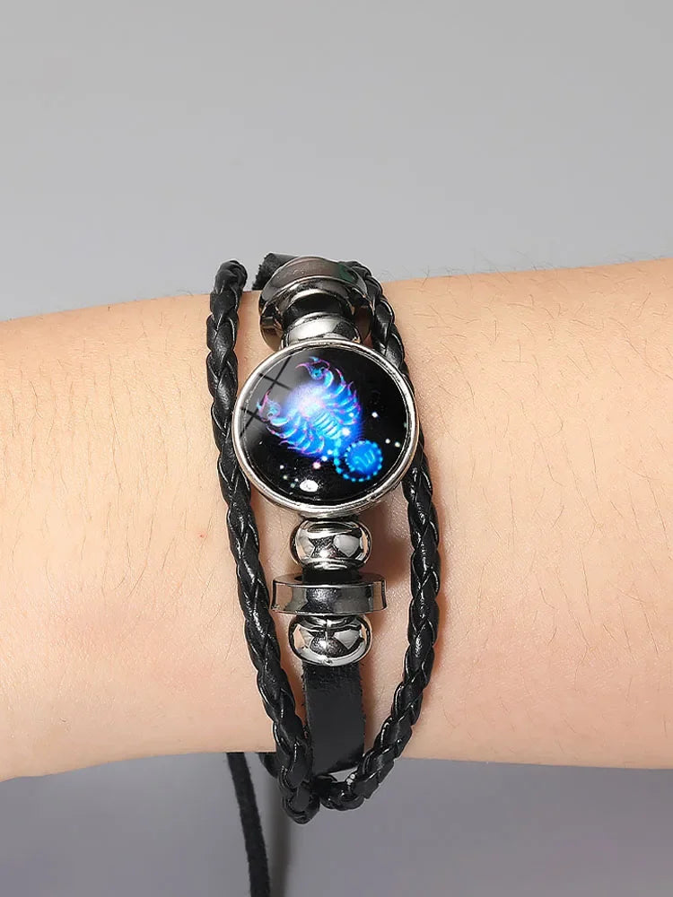 Zodiac Sign Leather Wrap Bracelet – 12 Constellations Luminous Charm for Men & Women | Vintage Birthday Gift