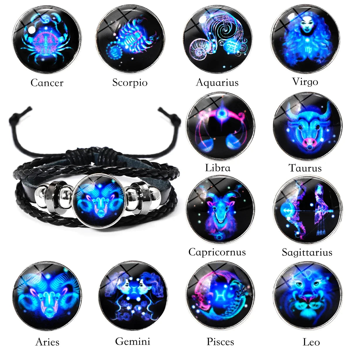 Zodiac Sign Leather Wrap Bracelet – 12 Constellations Luminous Charm for Men & Women | Vintage Birthday Gift