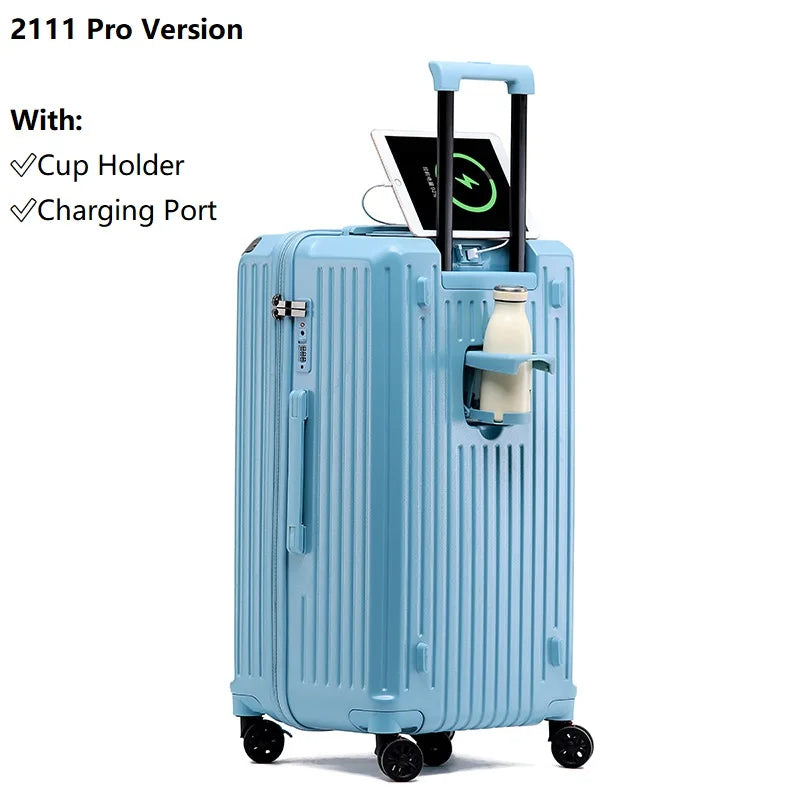 Smart Carry-On Luggage with USB Charging & Cup Holder – 20/24/26/28” Travel Suitcase
