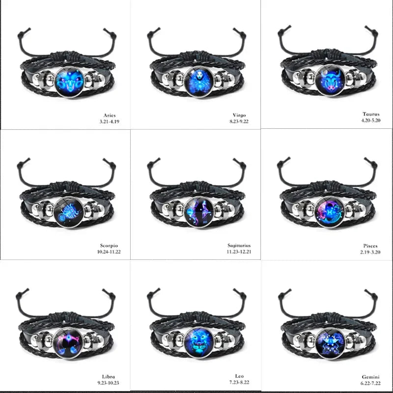 Zodiac Sign Leather Wrap Bracelet – 12 Constellations Luminous Charm for Men & Women | Vintage Birthday Gift
