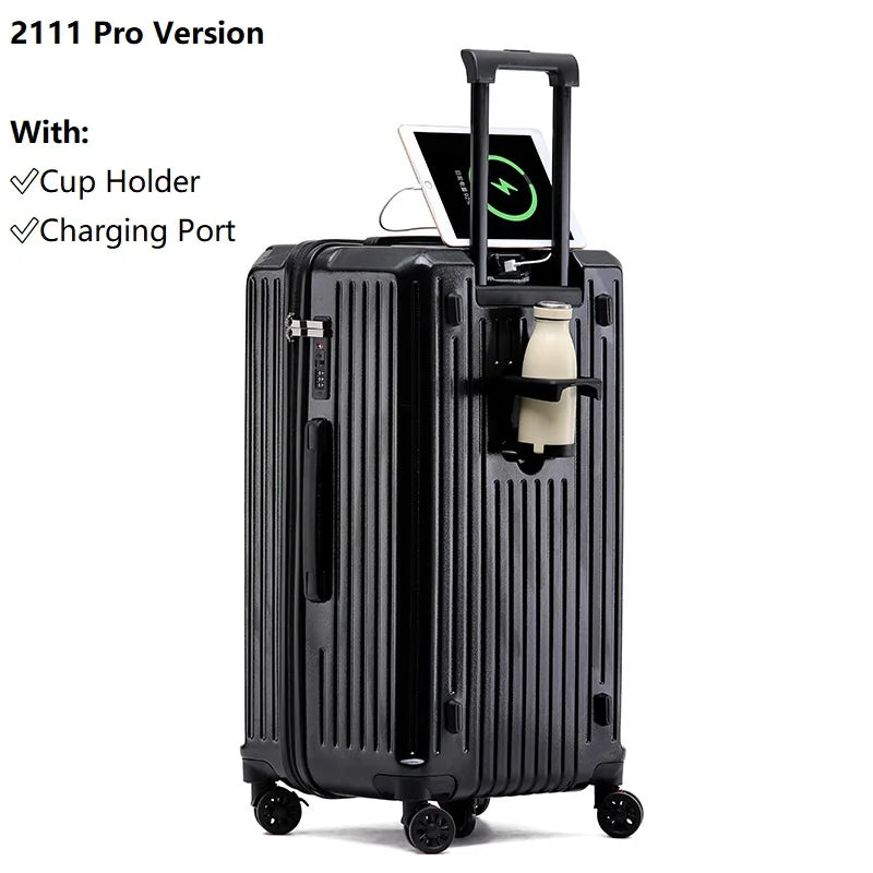 Smart Carry-On Luggage with USB Charging & Cup Holder – 20/24/26/28” Travel Suitcase