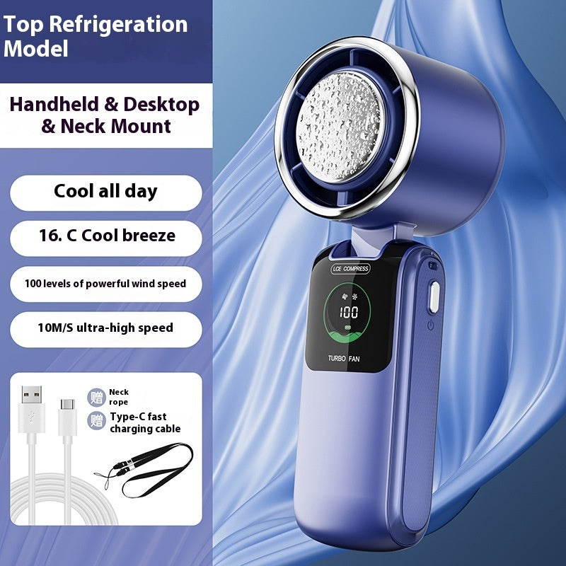 New Ice Pack High-Speed Handheld Electric Fan Speed Adjustable Folding Mini Fan Portable Outdoor Hanging Neck Small Fan