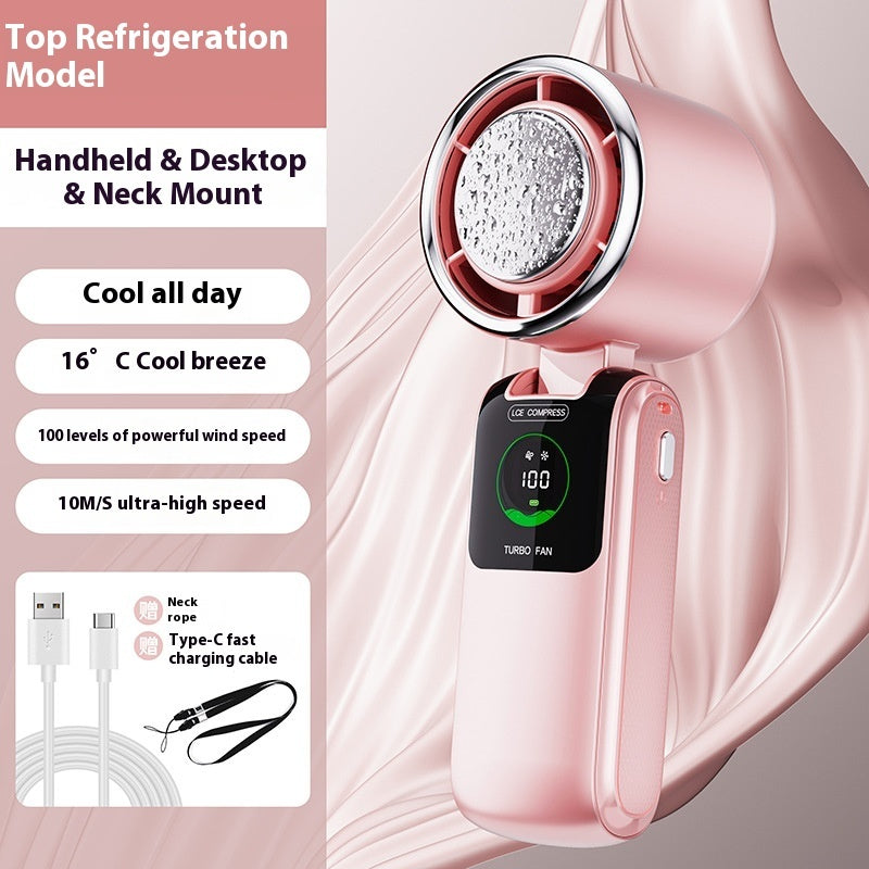 New Ice Pack High-Speed Handheld Electric Fan Speed Adjustable Folding Mini Fan Portable Outdoor Hanging Neck Small Fan