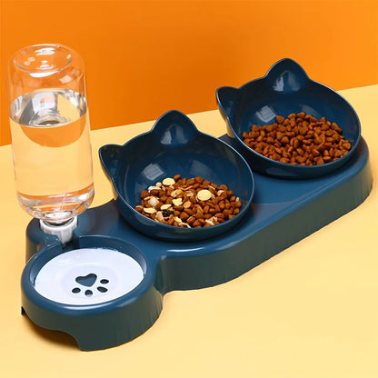 3-in-1 Tilted Cat & Small Dog Feeding Station – Ergonomic Food Bowl with Gravity Water Dispenser & Cute Ear Design for neck protection