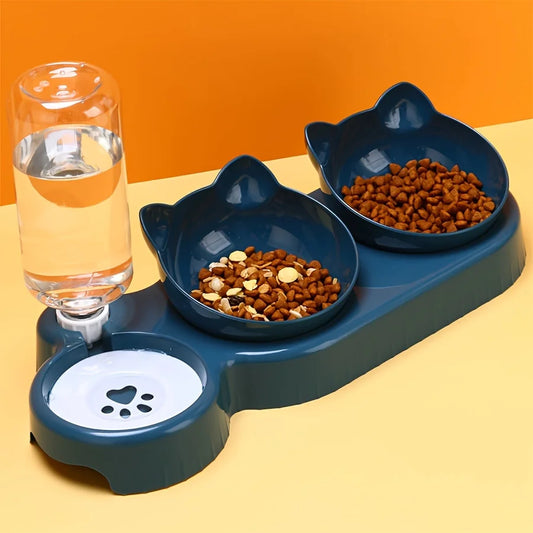 3-in-1 Tilted Cat & Small Dog Feeding Station – Ergonomic Food Bowl with Gravity Water Dispenser & Cute Ear Design for neck protection