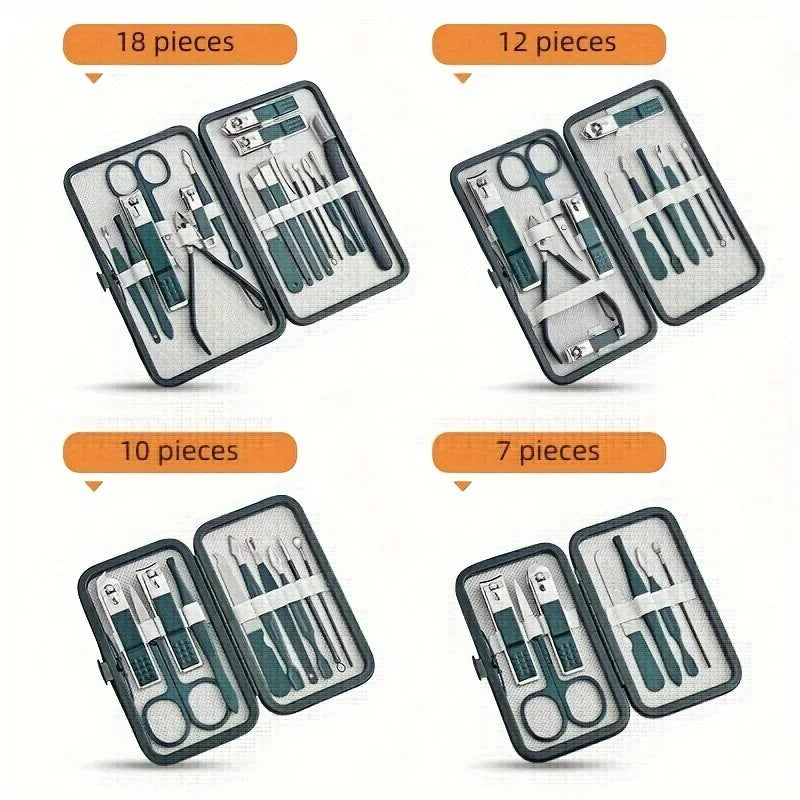 Professional Stainless Steel Manicure & Pedicure Kit – 7/10/12/18 Piece Grooming Set with Travel Case