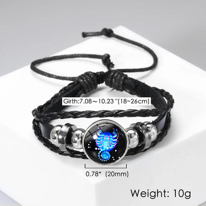Zodiac Sign Leather Wrap Bracelet – 12 Constellations Luminous Charm for Men & Women | Vintage Birthday Gift