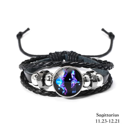 Zodiac Sign Leather Wrap Bracelet – 12 Constellations Luminous Charm for Men & Women | Vintage Birthday Gift