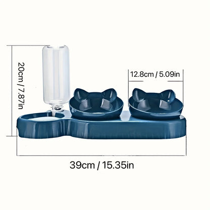 3-in-1 Tilted Cat & Small Dog Feeding Station – Ergonomic Food Bowl with Gravity Water Dispenser & Cute Ear Design for neck protection