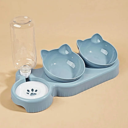 3-in-1 Tilted Cat & Small Dog Feeding Station – Ergonomic Food Bowl with Gravity Water Dispenser & Cute Ear Design for neck protection