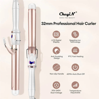 CkeyiN Professional LCD Ceramic Hair Curler – 25mm/32mm/38mm, Adjustable Temperature, Dual Voltage, Fast Heating Curling Iron