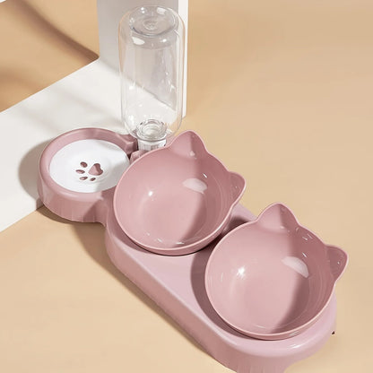 3-in-1 Tilted Cat & Small Dog Feeding Station – Ergonomic Food Bowl with Gravity Water Dispenser & Cute Ear Design for neck protection