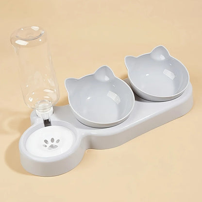 3-in-1 Tilted Cat & Small Dog Feeding Station – Ergonomic Food Bowl with Gravity Water Dispenser & Cute Ear Design for neck protection