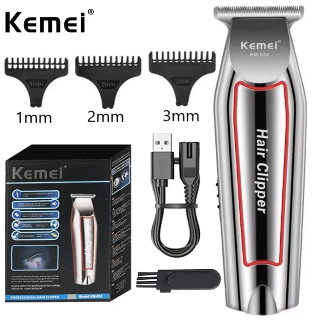 Kemei KM-032 Professional Hair Clipper & Beard Trimmer – USB Rechargeable, Wet & Dry Use, Cordless Grooming Kit for Men