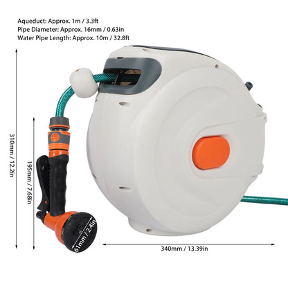 Retractable Garden Hose Reel – 10m Wall-Mount or Free-Standing | Any-Length Lock, Auto Rewind, 180° Swivel, 8-Pattern Spray Nozzle