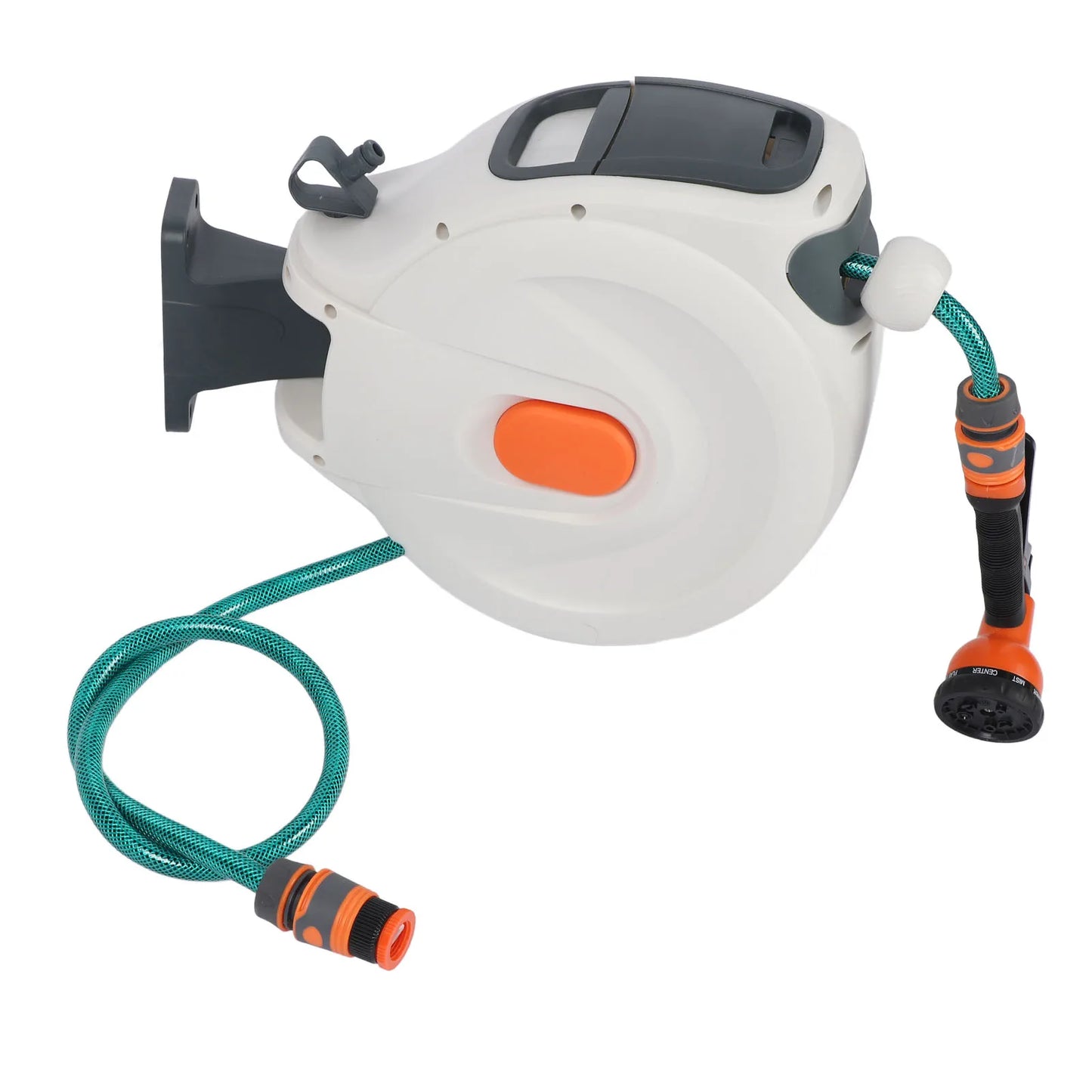 Retractable Garden Hose Reel – 10m Wall-Mount or Free-Standing | Any-Length Lock, Auto Rewind, 180° Swivel, 8-Pattern Spray Nozzle
