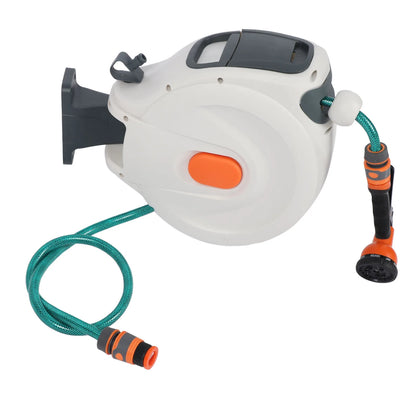 Retractable Garden Hose Reel – 10m Wall-Mount or Free-Standing | Any-Length Lock, Auto Rewind, 180° Swivel, 8-Pattern Spray Nozzle