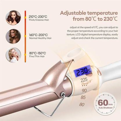 CkeyiN Professional LCD Ceramic Hair Curler – 25mm/32mm/38mm, Adjustable Temperature, Dual Voltage, Fast Heating Curling Iron