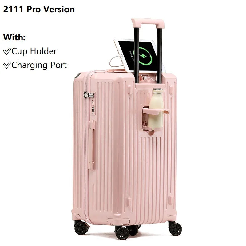 Smart Carry-On Luggage with USB Charging & Cup Holder – 20/24/26/28” Travel Suitcase