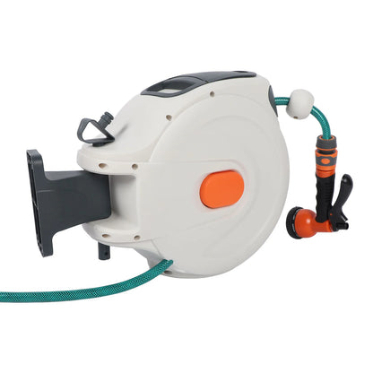 Retractable Garden Hose Reel – 10m Wall-Mount or Free-Standing | Any-Length Lock, Auto Rewind, 180° Swivel, 8-Pattern Spray Nozzle