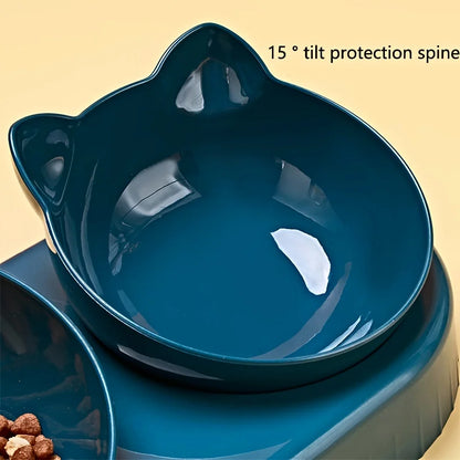 3-in-1 Tilted Cat & Small Dog Feeding Station – Ergonomic Food Bowl with Gravity Water Dispenser & Cute Ear Design for neck protection