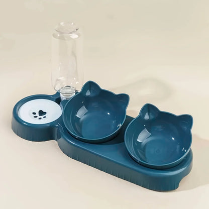 3-in-1 Tilted Cat & Small Dog Feeding Station – Ergonomic Food Bowl with Gravity Water Dispenser & Cute Ear Design for neck protection