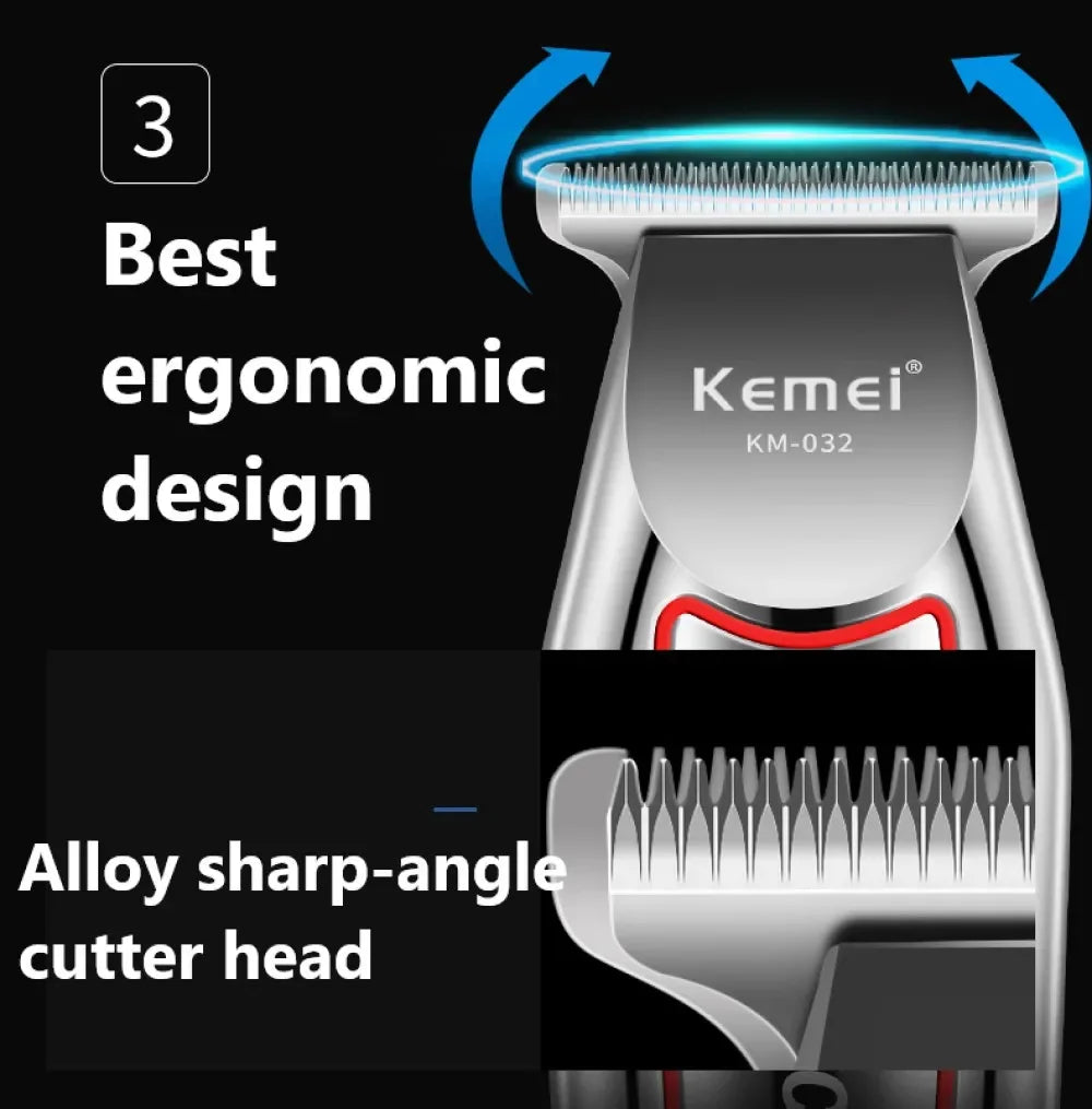 Kemei KM-032 Professional Hair Clipper & Beard Trimmer – USB Rechargeable, Wet & Dry Use, Cordless Grooming Kit for Men