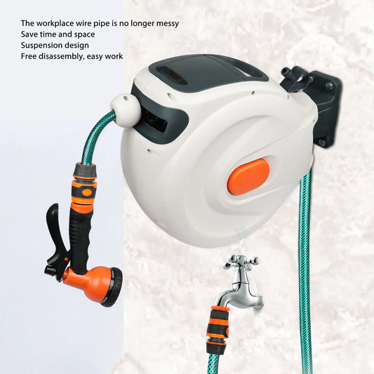 Retractable Garden Hose Reel – 10m Wall-Mount or Free-Standing | Any-Length Lock, Auto Rewind, 180° Swivel, 8-Pattern Spray Nozzle