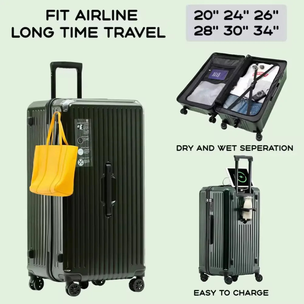 Smart Carry-On Luggage with USB Charging & Cup Holder – 20/24/26/28” Travel Suitcase