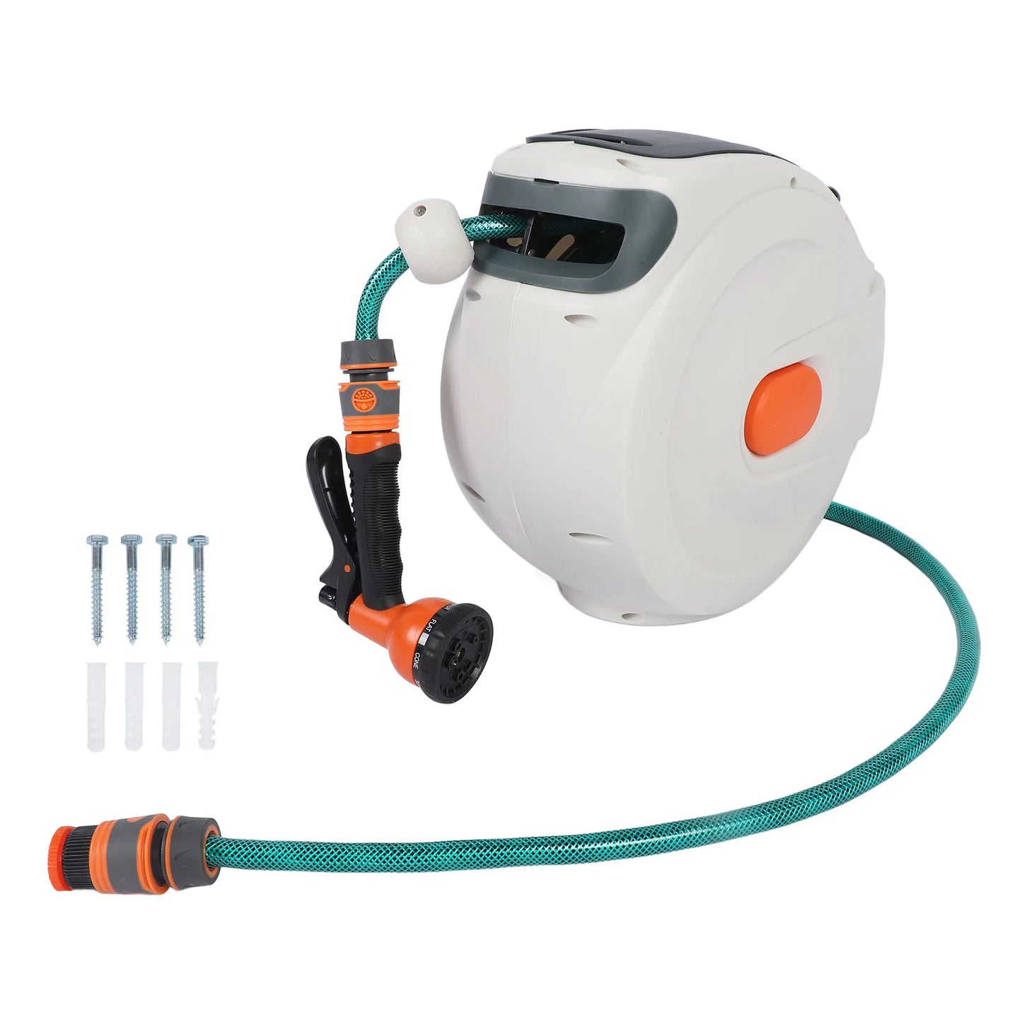 Retractable Garden Hose Reel – 10m Wall-Mount or Free-Standing | Any-Length Lock, Auto Rewind, 180° Swivel, 8-Pattern Spray Nozzle