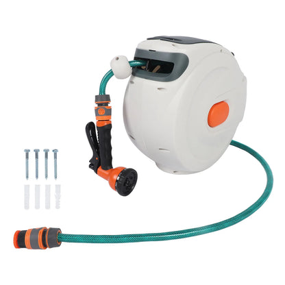 Retractable Garden Hose Reel – 10m Wall-Mount or Free-Standing | Any-Length Lock, Auto Rewind, 180° Swivel, 8-Pattern Spray Nozzle