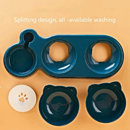 3-in-1 Tilted Cat & Small Dog Feeding Station – Ergonomic Food Bowl with Gravity Water Dispenser & Cute Ear Design for neck protection